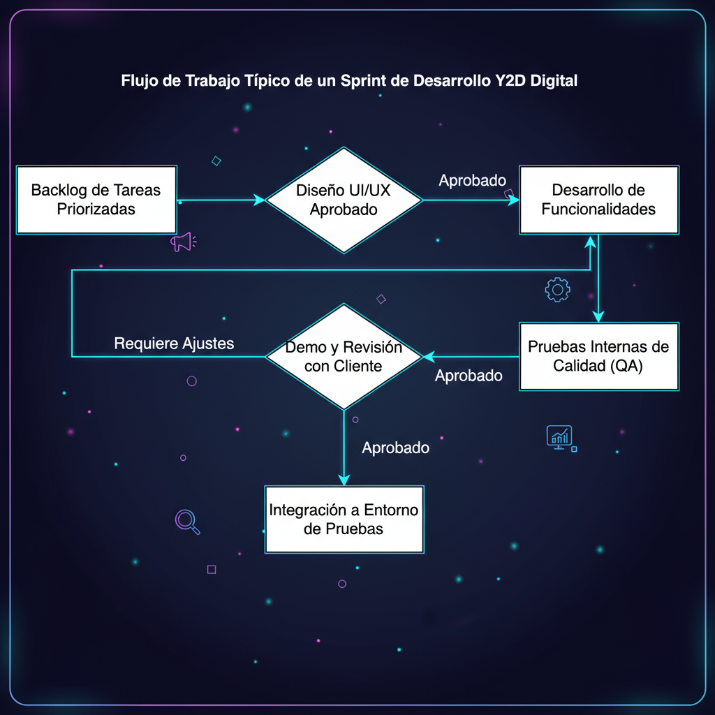 Flujo de trabajo típico de un sprint de desarrollo Y2D Digital